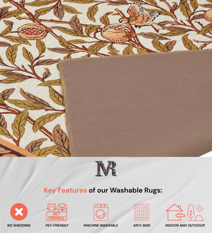 Stylish warm botanical rug perfect for rustic and bohemian interiors.