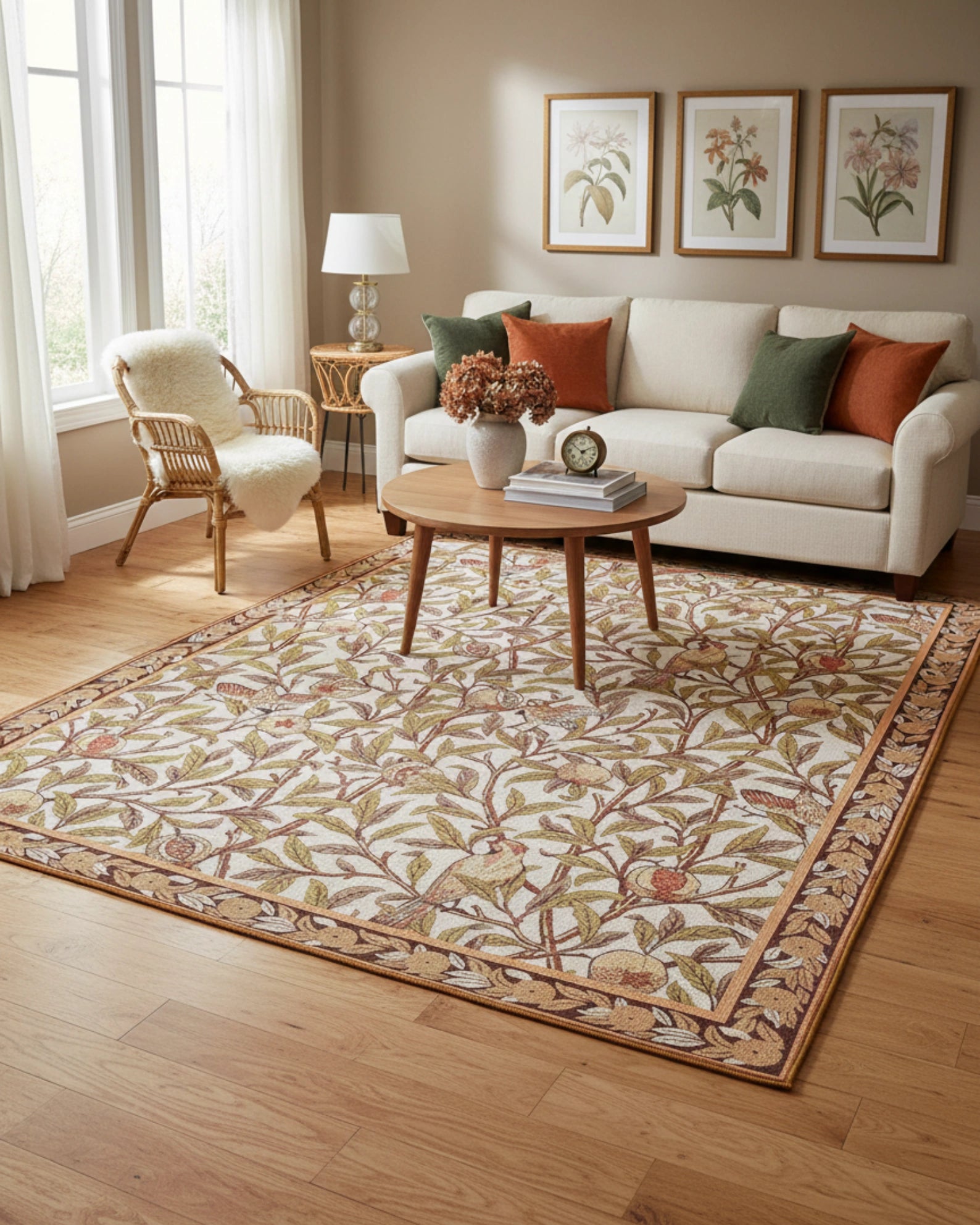 Warm botanical machine-washable area rug styled in a living room, featuring nature-inspired patterns that add a cozy and inviting touch