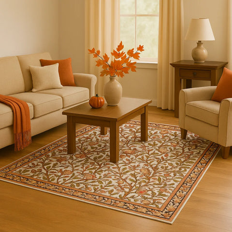 Autumn Fall Warm Botanical Machine Washable Rug.