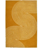 Yellow abstract hand-tufted wool rug with white curved line patterns, modern luxury home decor