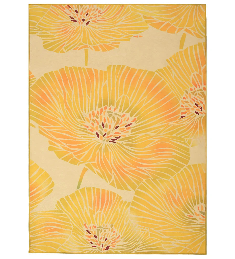 Yellow modern floral machine washable rug.
