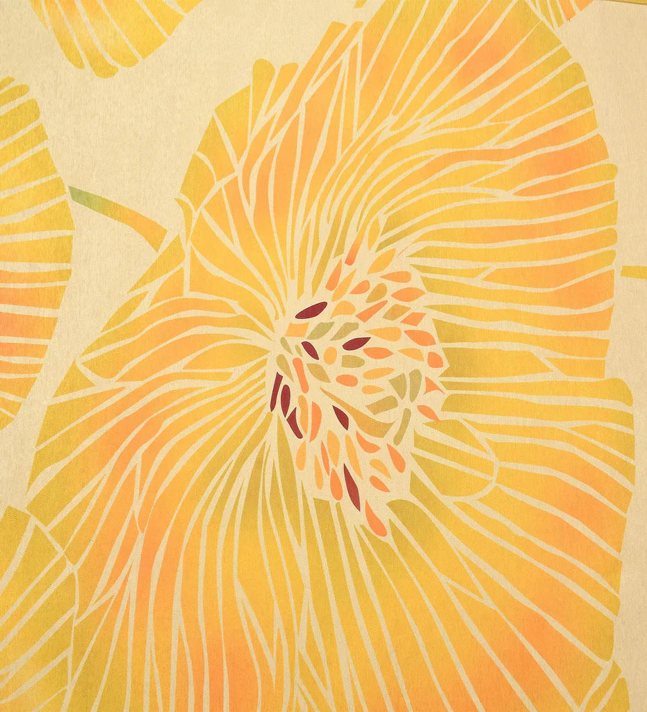 Vibrant yellow floral design washable rug.