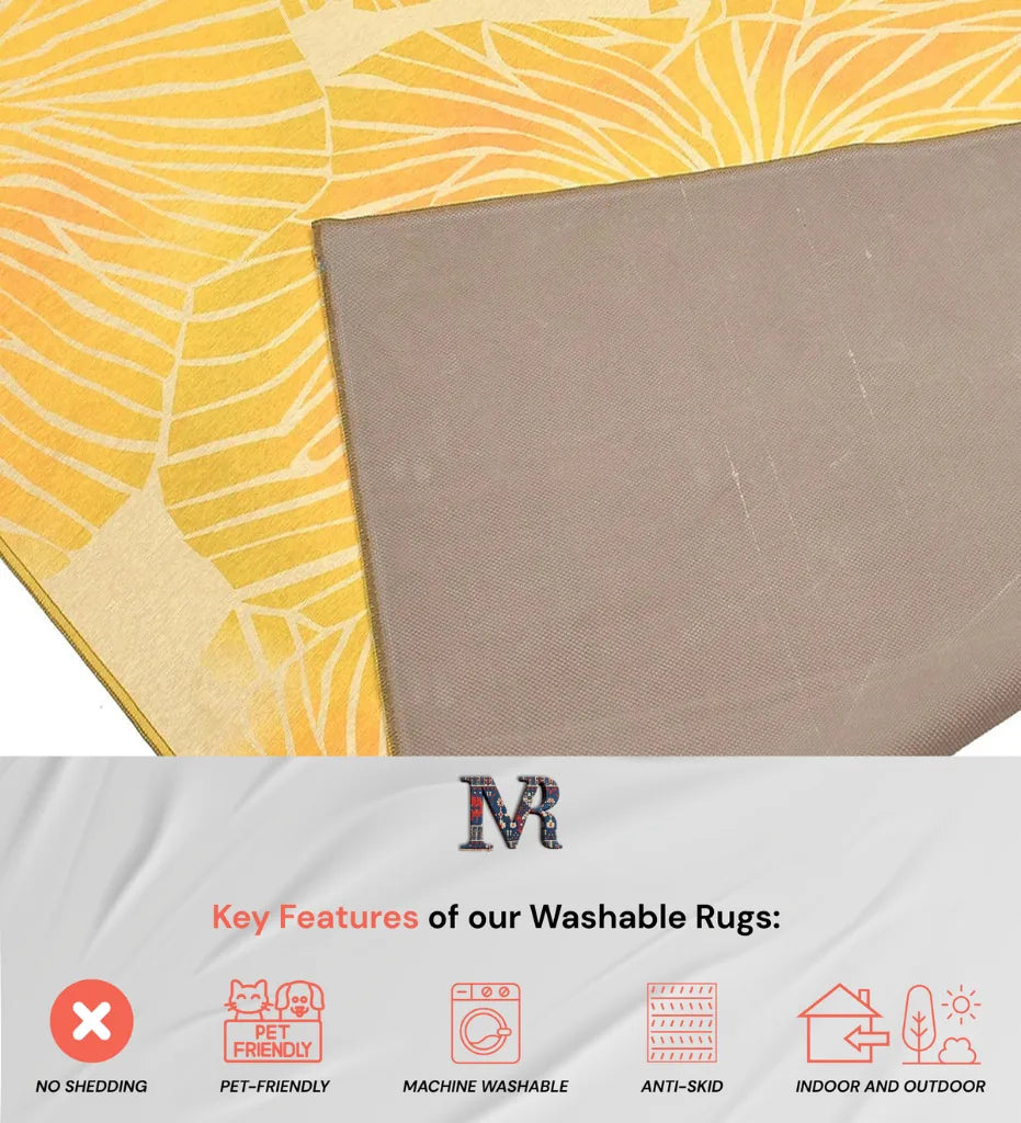 Machine washable rug with yellow floral pattern.