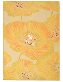 Yellow modern floral rug with large handwoven flower patterns in soft orange and beige tones