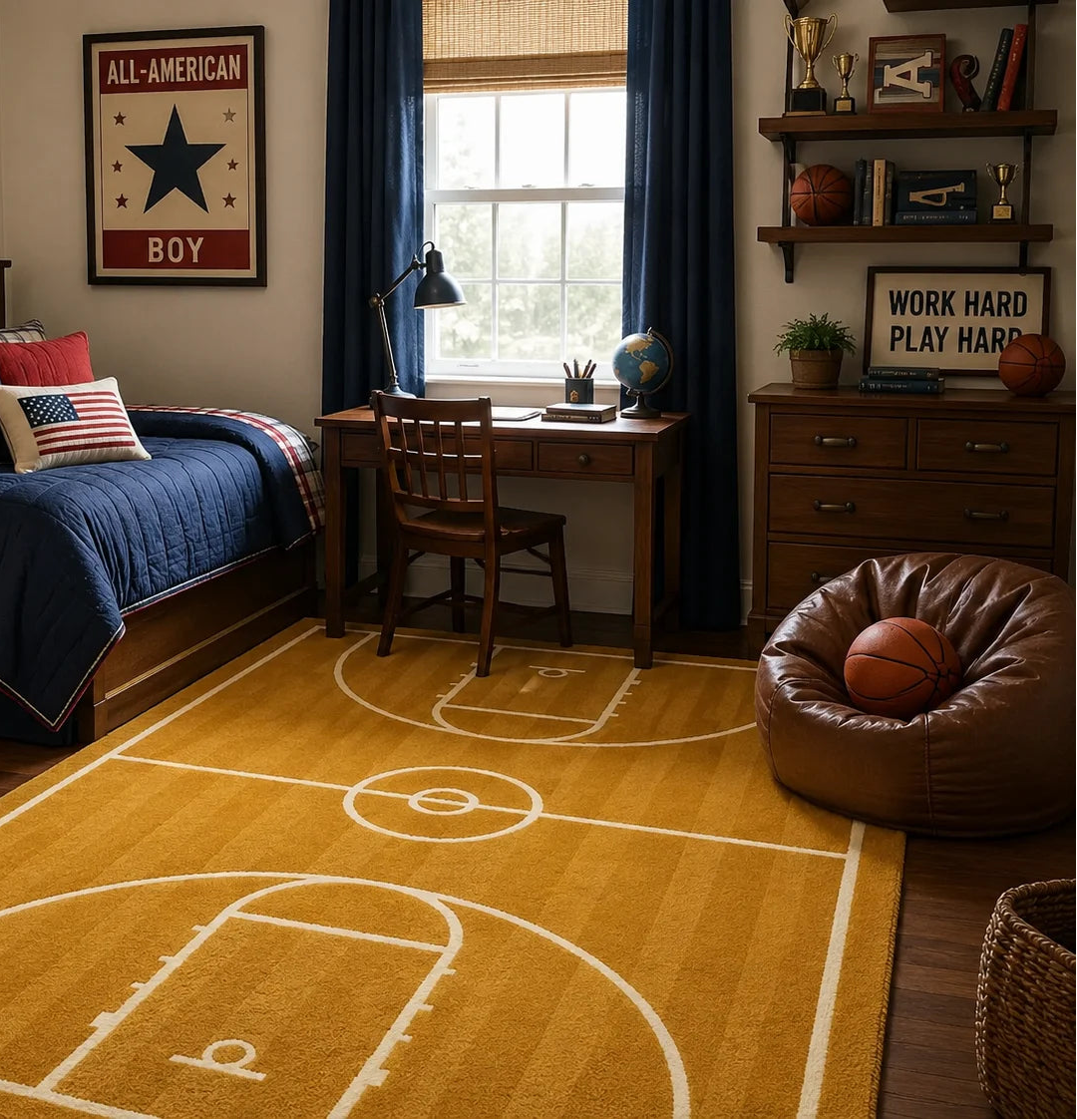 Children's bedroom with a basketball court rug, bed, desk, and decor.