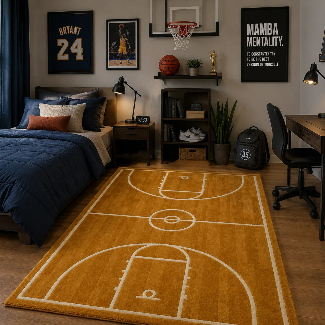 Bedroom with basketball-themed decor, including a rug with a basketball court design.