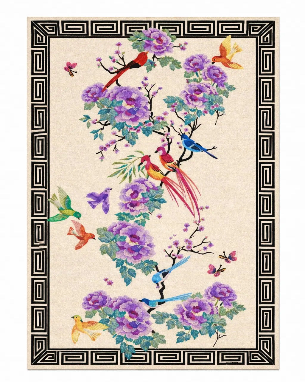 Decorative rug with floral and bird design on a beige background