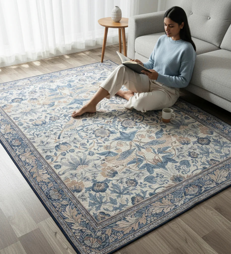 Woman sitting on a patterned rug in a living room, reading a book.
