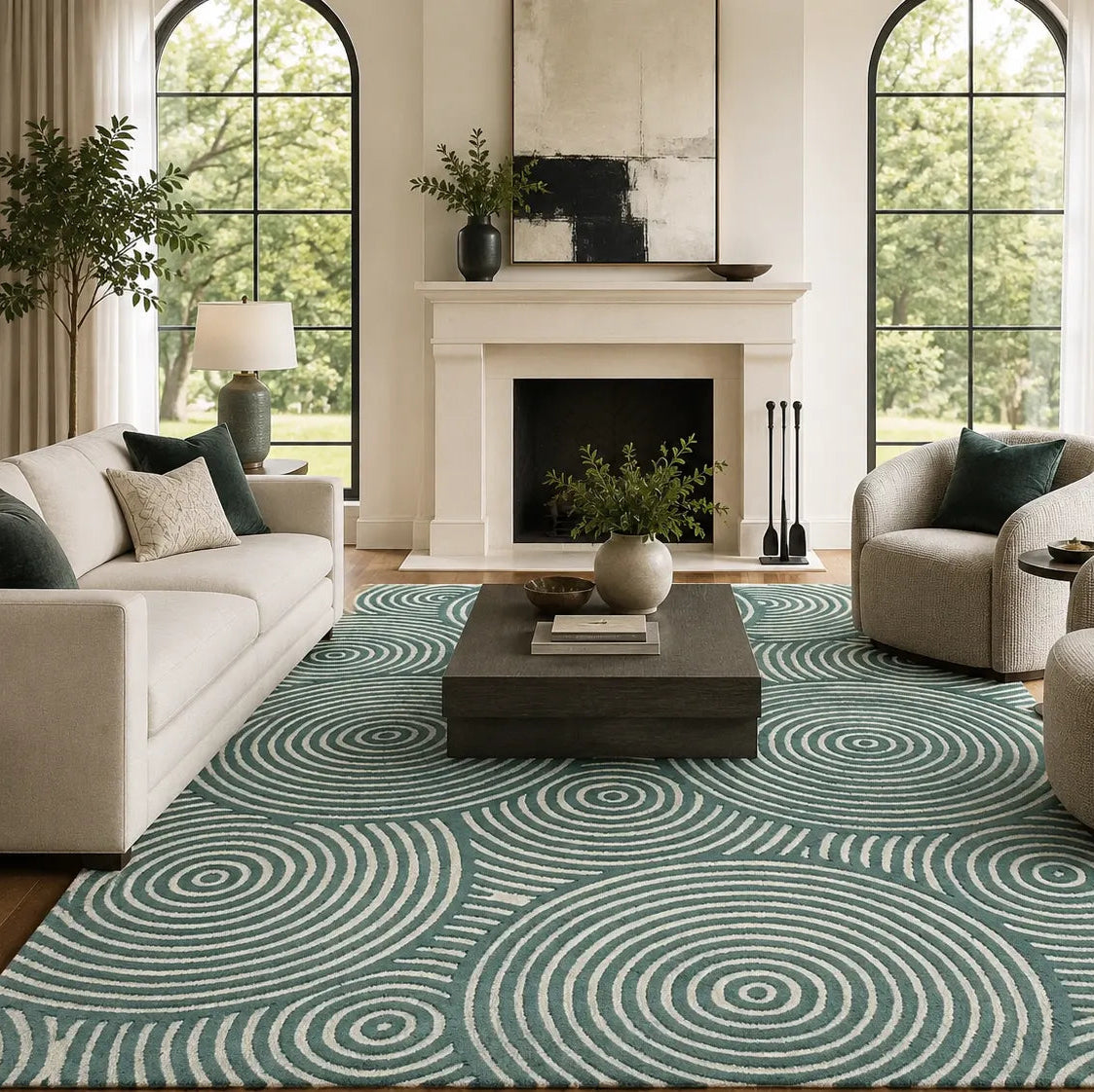 A large area rug with a teal and off-white concentric spiral pattern, styled in a bright, modern living room with a white sofa, two beige armchairs, a dark wood coffee table, and a white fireplace.