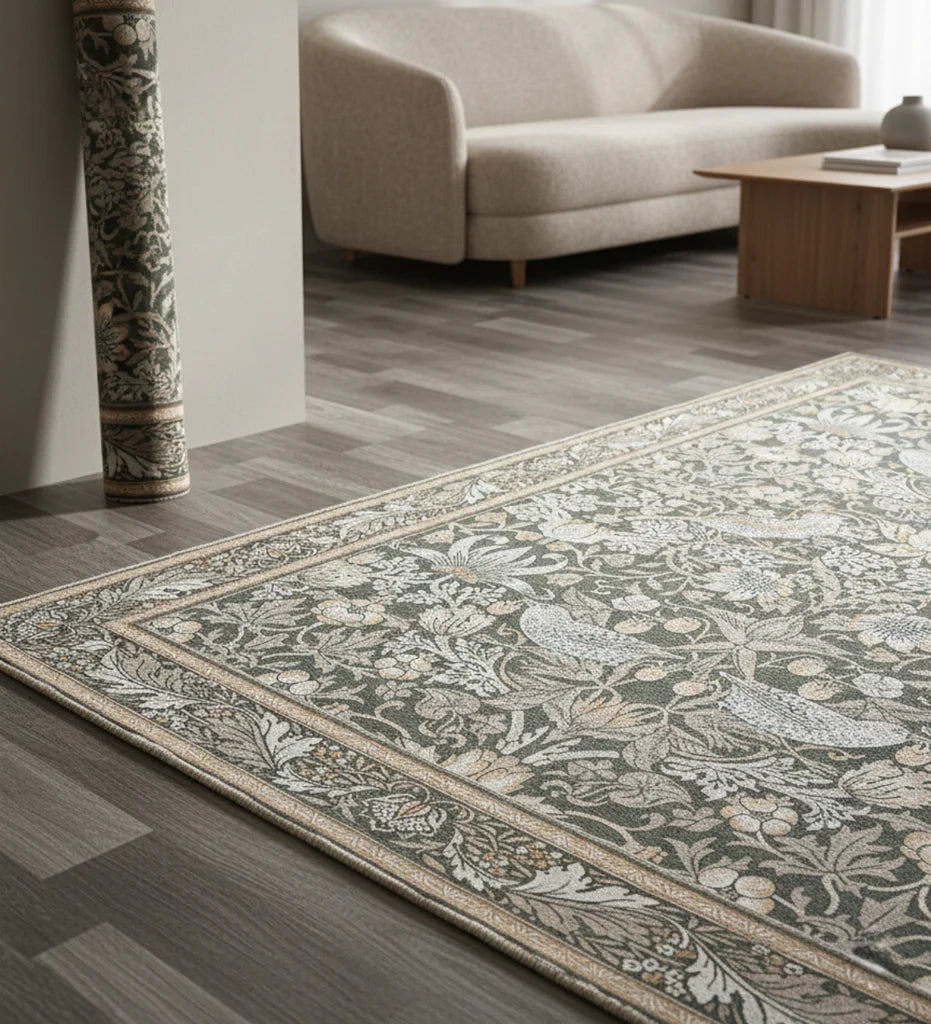 Decorative rug with floral pattern on a wooden floor in a living room setting.