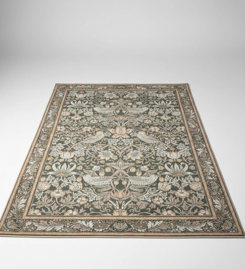 Decorative rug with floral and bird pattern on a plain background