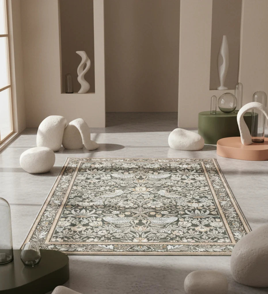 Decorative rug with floral pattern in a modern room setting