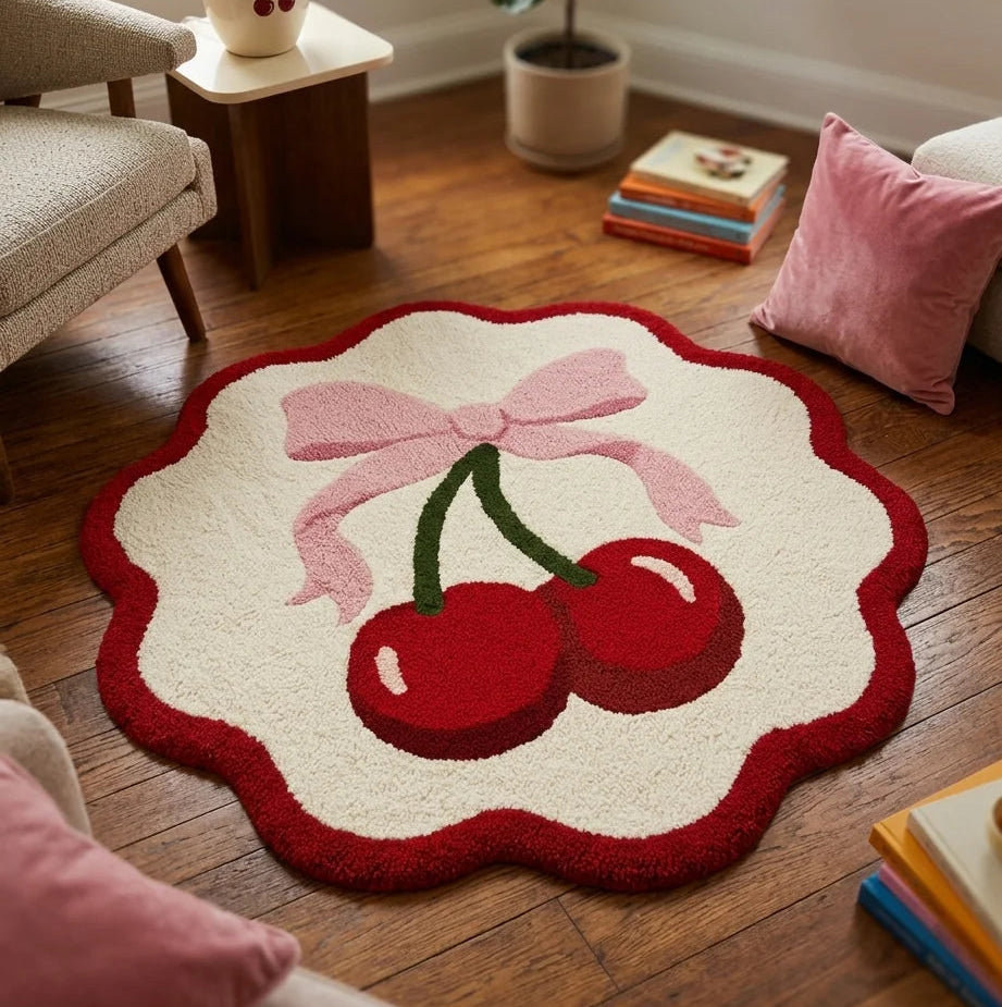 Round rug with cherry design on a wooden floor in a living room.