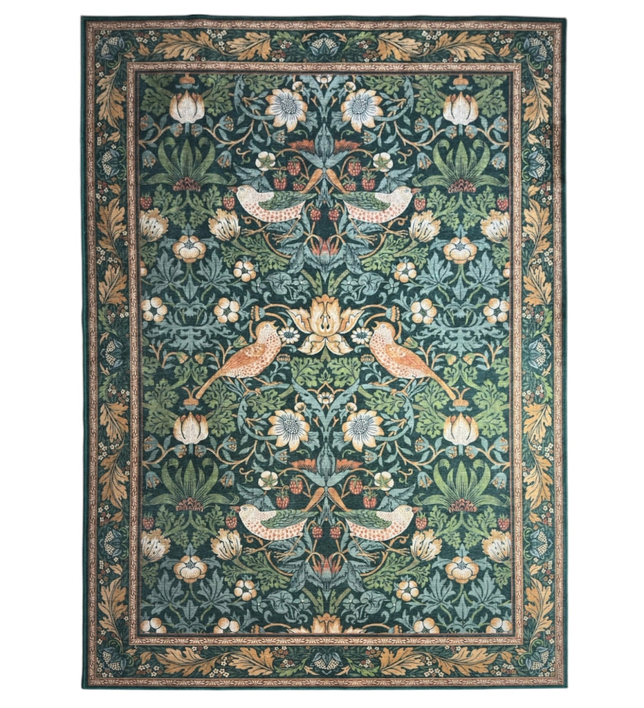 Botanical Bird Dark Green Area Rug – Machine Washable