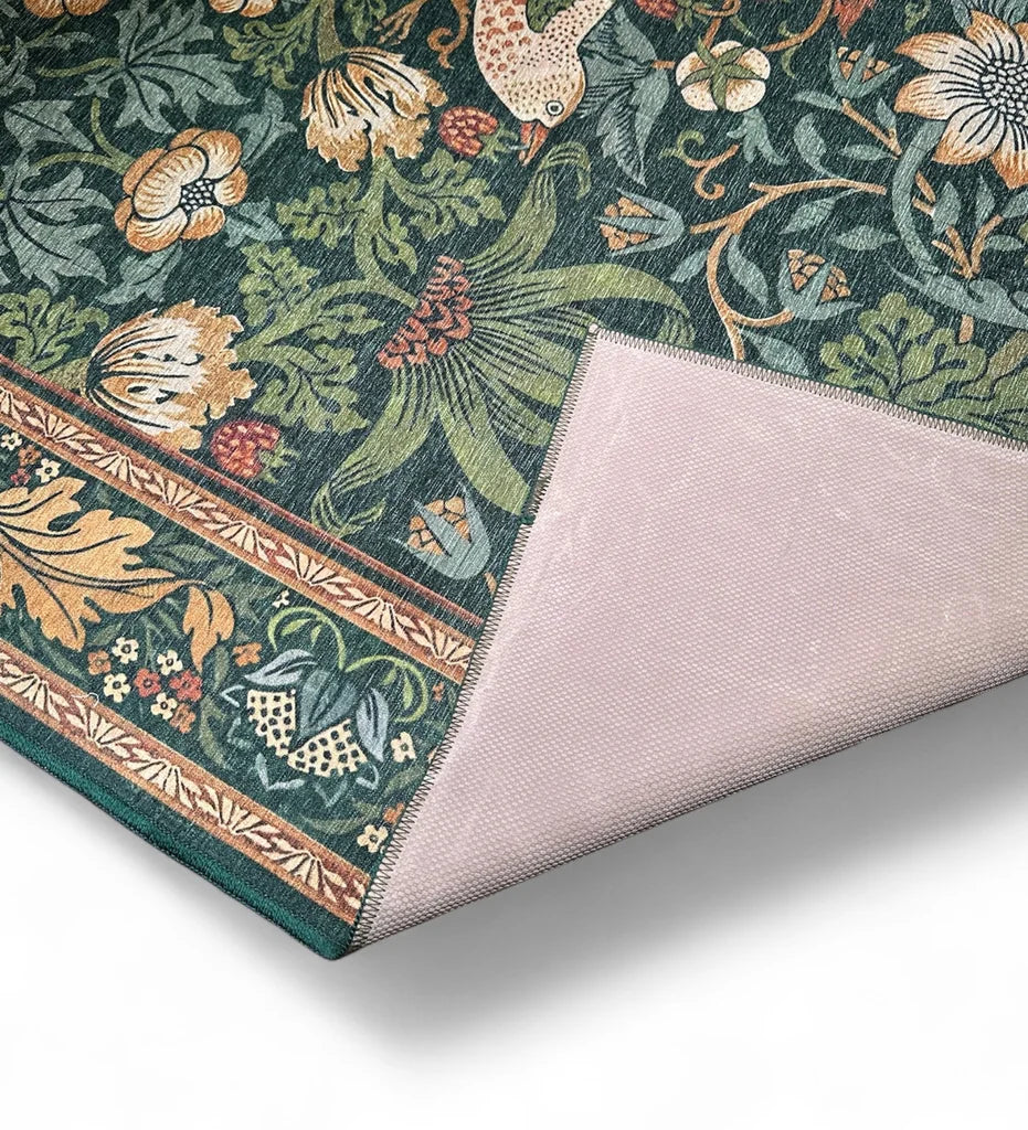Botanical Print Rug Botanical Bird Dark Green Area Rug – Machine Washable – Mannat Rugs