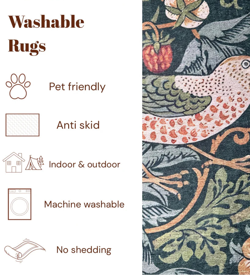 Washable rug with bird and floral pattern and Presto Bazaar branding.