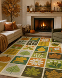 A large rectangular area rug with a fall harvest patchwork design featuring pumpkins, leaves, flowers, and text, styled in a cozy living room next to a fireplace.