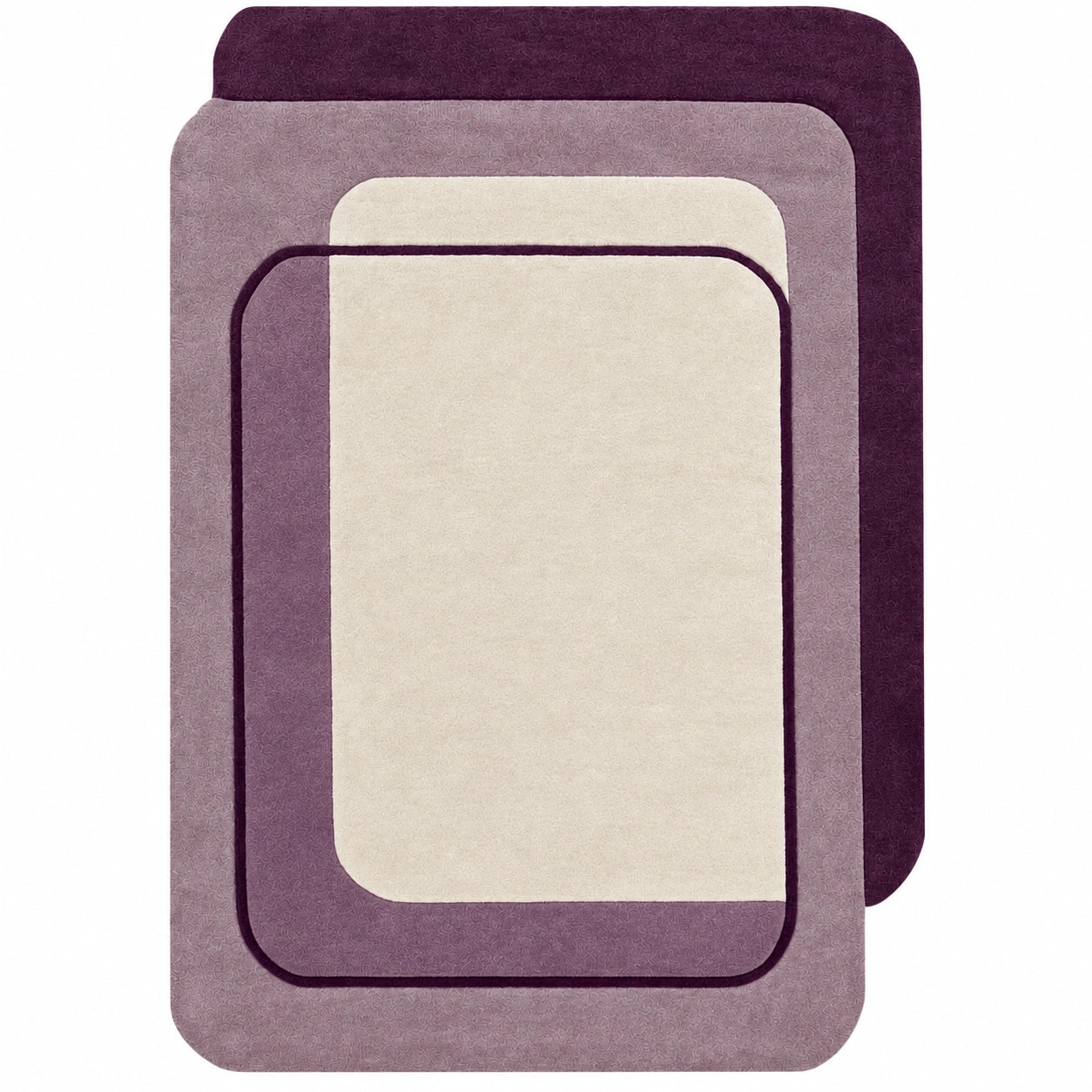 Purple 8x10 rectangular wool area rug for living room with layered geometric plum and ivory borders