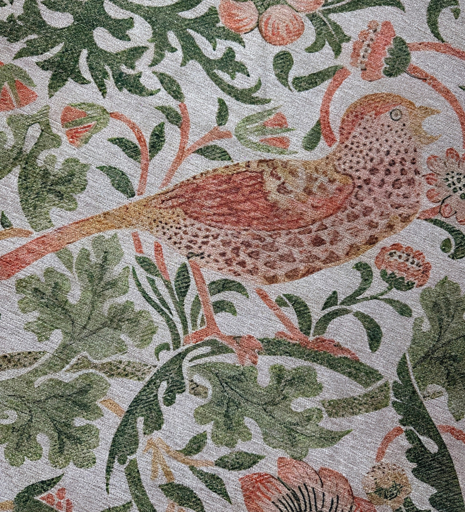 Decorative pattern with a bird and floral elements on a textured background