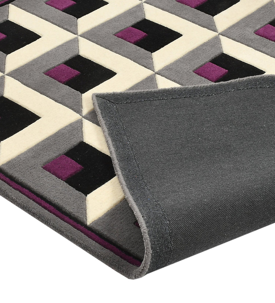 Geometric patterned rug with black, purple, and gray colors on a white background