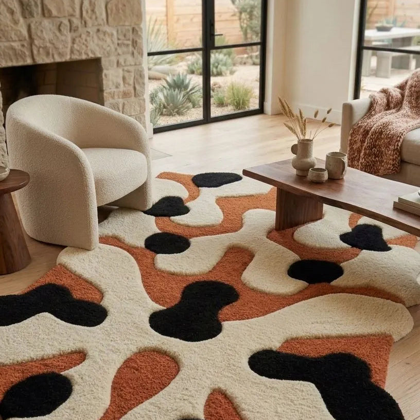 Modern living room with a patterned rug, sofa, and coffee table.