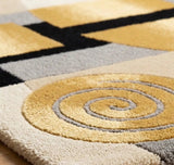 Geometric patterned rug with concentric circle design on a wooden floor