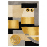 Rug with owl design in gold, black, and gray on a white background