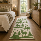 Forest Green & Cream Christmas Woodland Reindeer Runner Area Rug - Hand Tufted