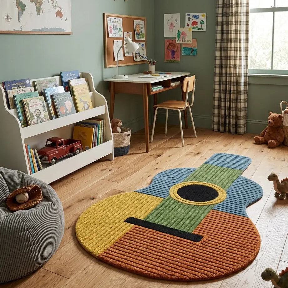 Children's room with a desk, bookshelf, and guitar-shaped rug.