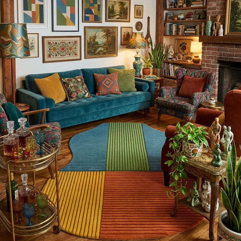 Colorful living room with a blue sofa, patterned rug, and various decor items.