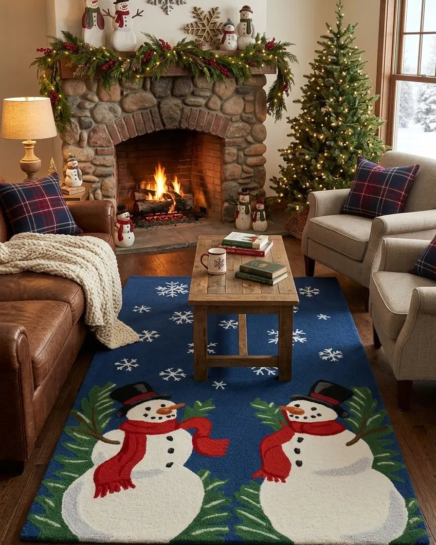 Living room with Christmas decorations, including a fireplace, tree, and snowman-themed rug.