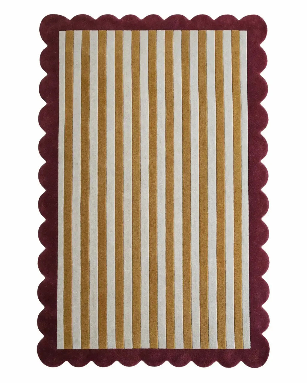 Striped rug with red border featuring vertical gold, white, and gold stripes on a white background