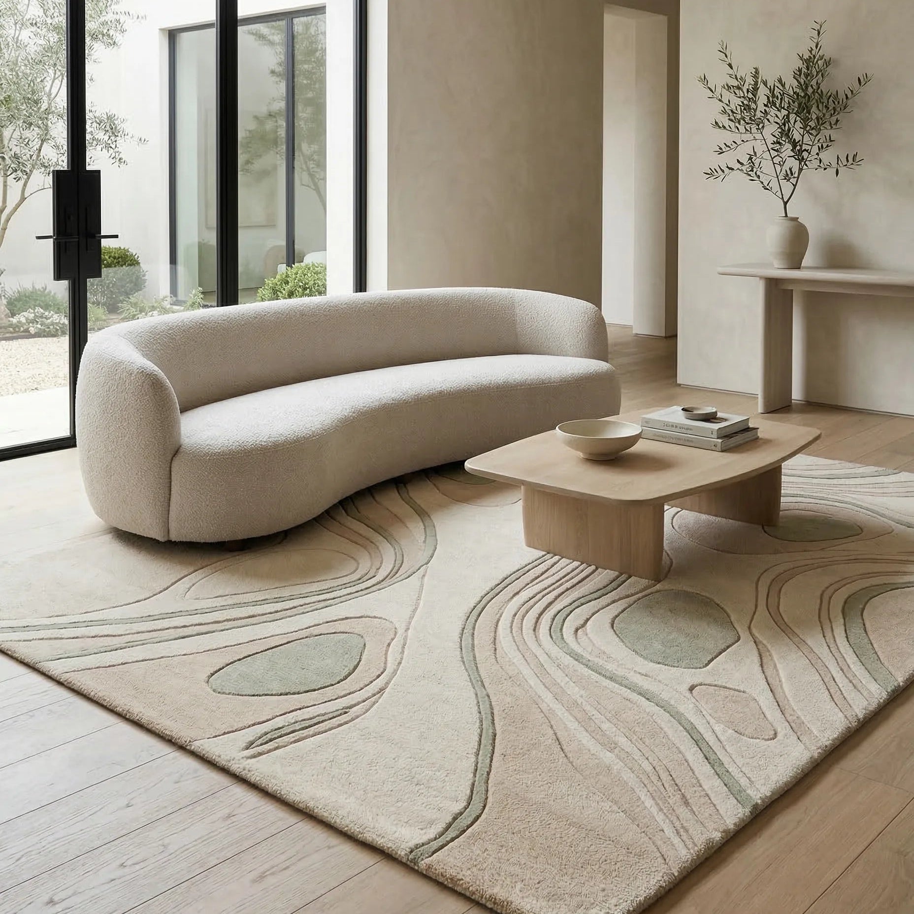 Modern living room with a curved beige sofa, wooden coffee table, and patterned rug.