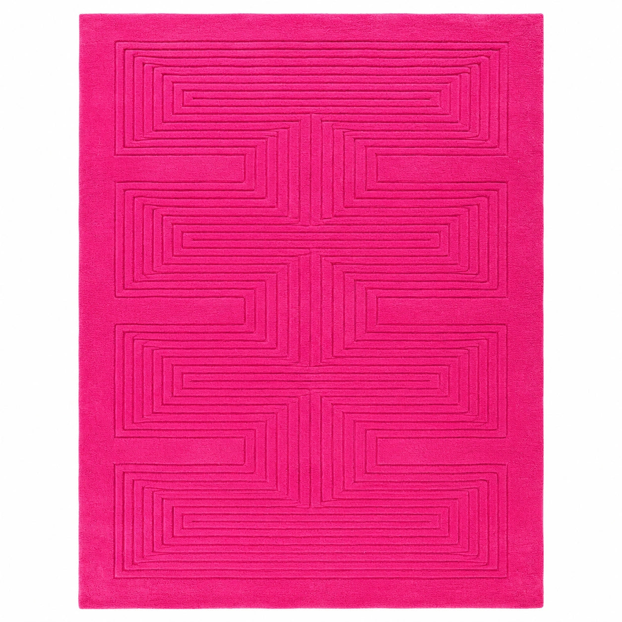 A bright pink rectangular rug with a raised geometric maze-like pattern, shown flat against a white background.