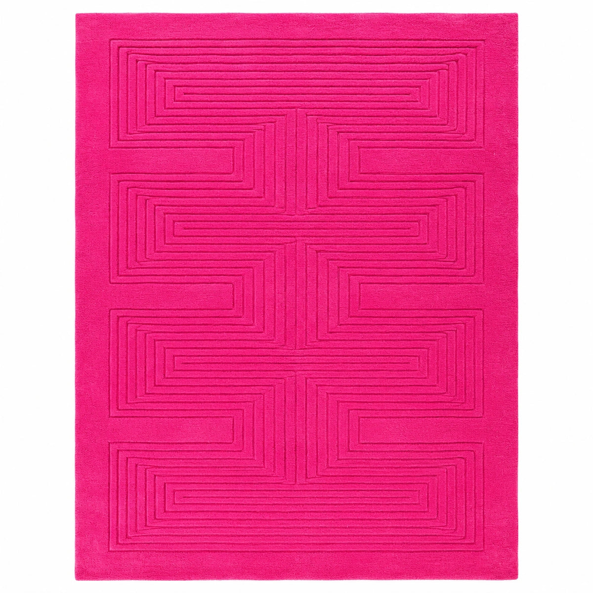 A bright pink rectangular rug with a raised geometric maze-like pattern, shown flat against a white background.
