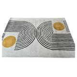 Modern cream rug with black curved lines and mustard yellow circles, stylish handwoven design