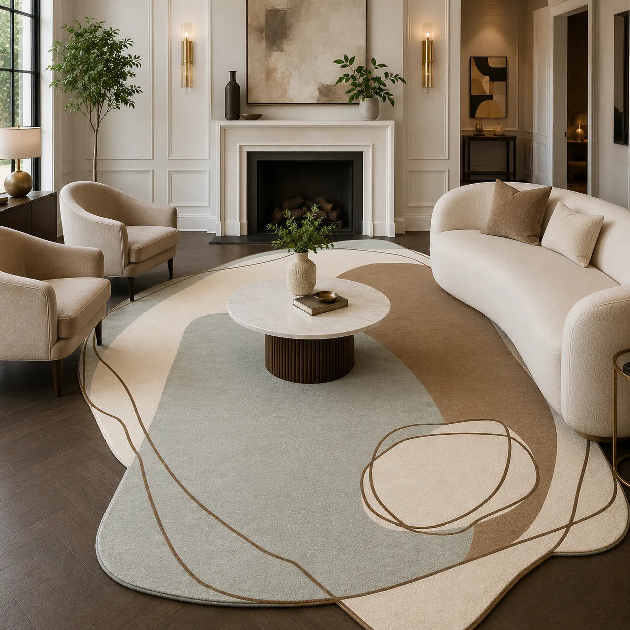 A large abstract area rug in beige, cream, and light blue-gray tones with thin brown line details, styled in a modern living room with a curved cream sofa, matching armchairs, a round white coffee table, and a fireplace in the background.