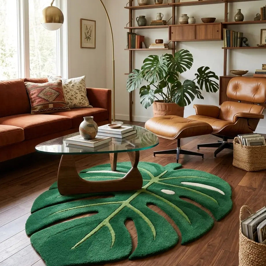 Living room with a green leaf-shaped rug, brown sofa, and bookshelf.