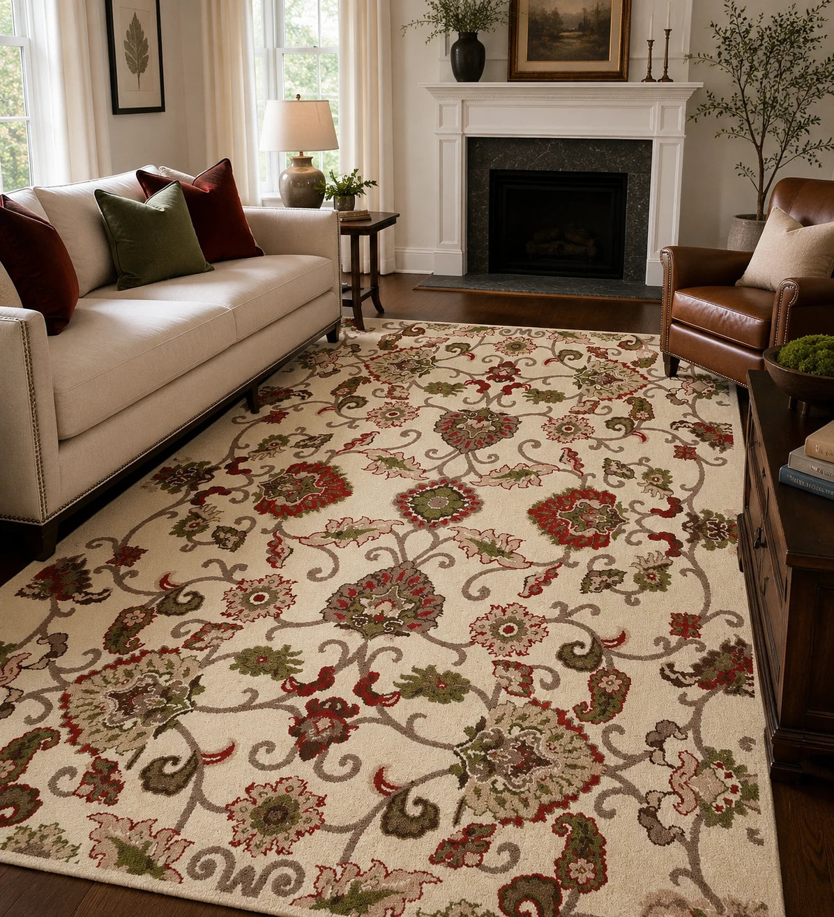 An indoor living room scene showing a large rectangular area rug with an ornate floral and scroll pattern in cream, red, olive green, and taupe. The rug is placed on a dark wood floor between a cream sofa, a brown leather armchair, and a fireplace.