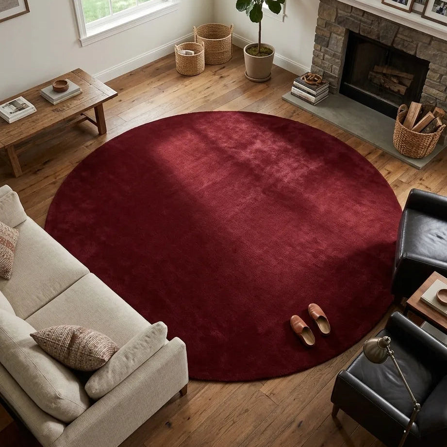 Living room with a red round rug, beige sofa, black armchair, and fireplace.