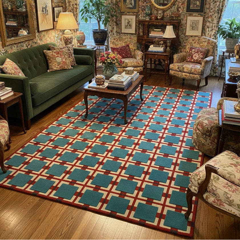 Living room with a patterned rug, green sofa, and floral chairs.