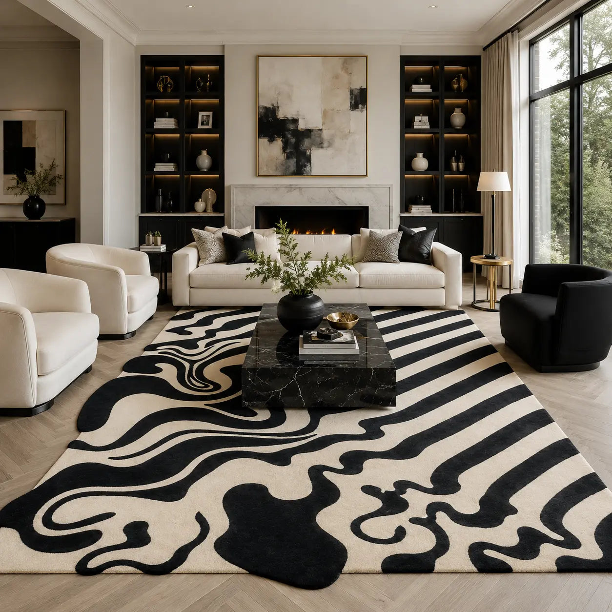 A large modern area rug with a bold black and cream abstract wavy pattern, styled in a contemporary living room with a black marble coffee table, white sofa, and black accent chairs.