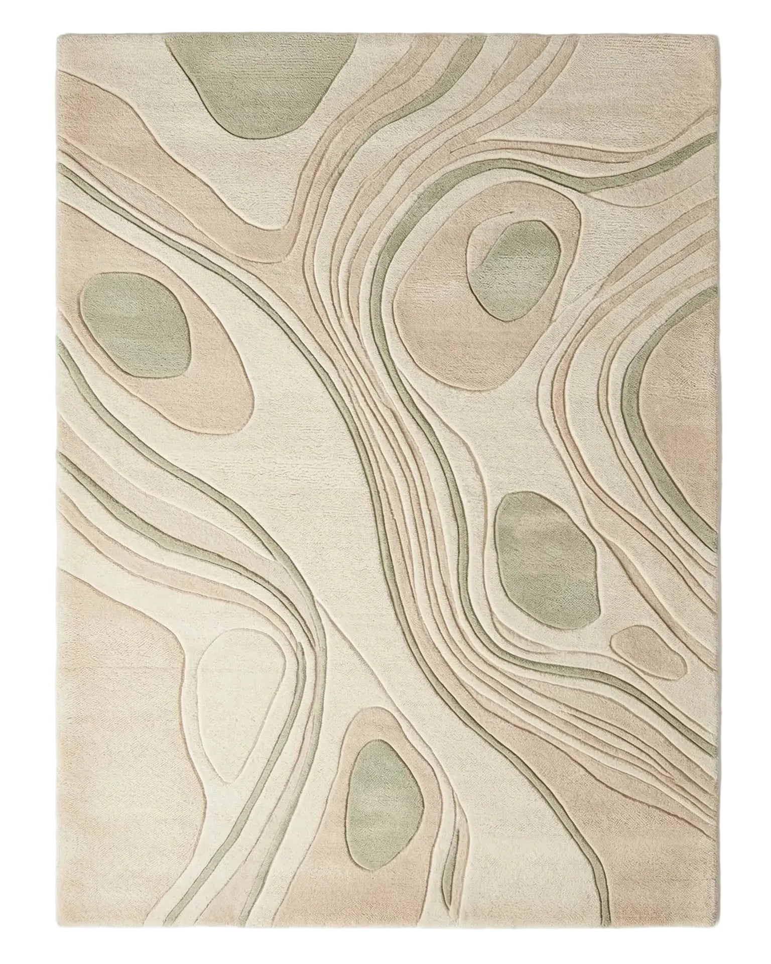 Beige and brown abstract patterned rug on a white background