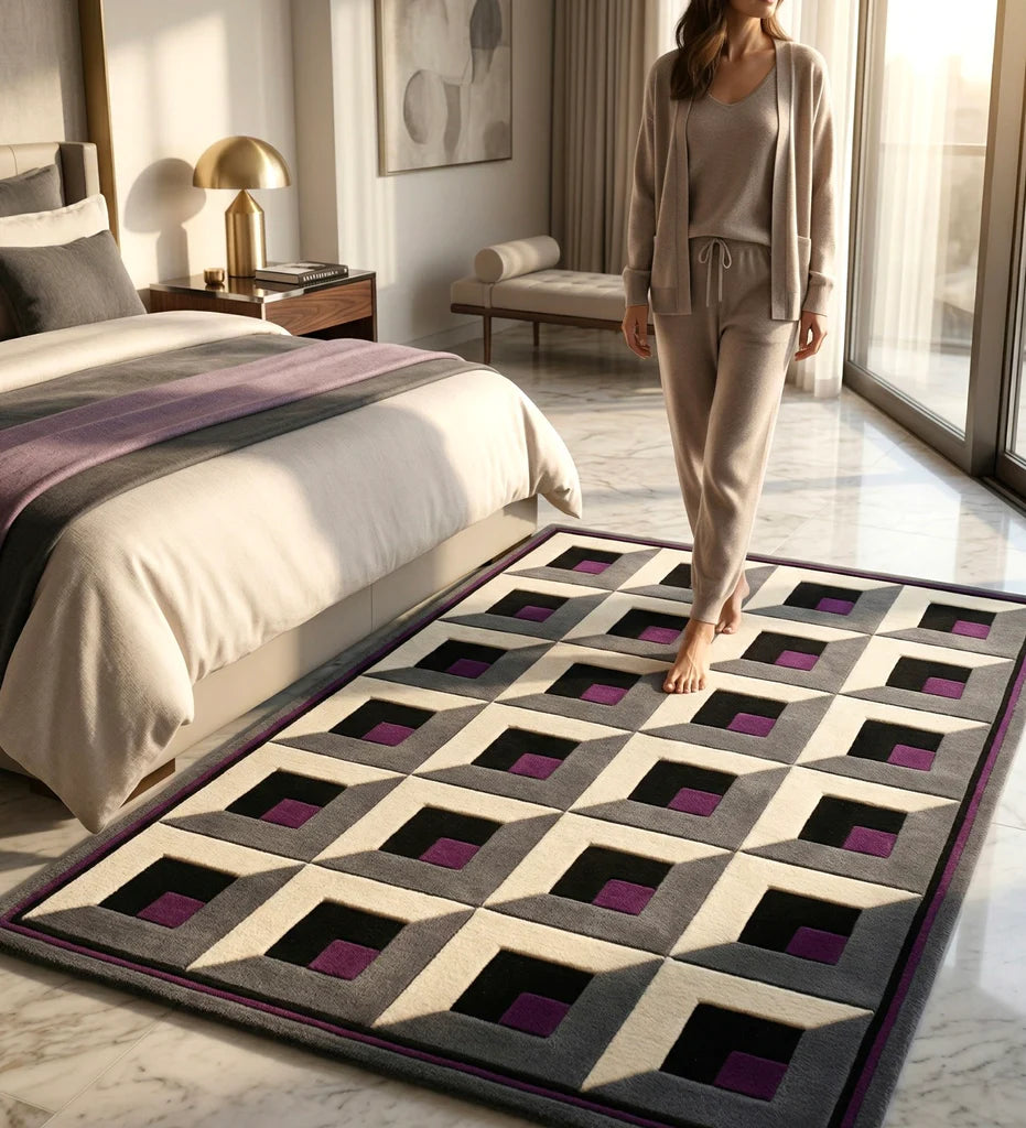 Woman walking on a geometric patterned rug in a modern bedroom.