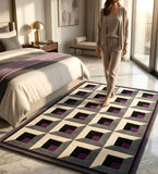 Woman walking on a geometric patterned rug in a modern bedroom.