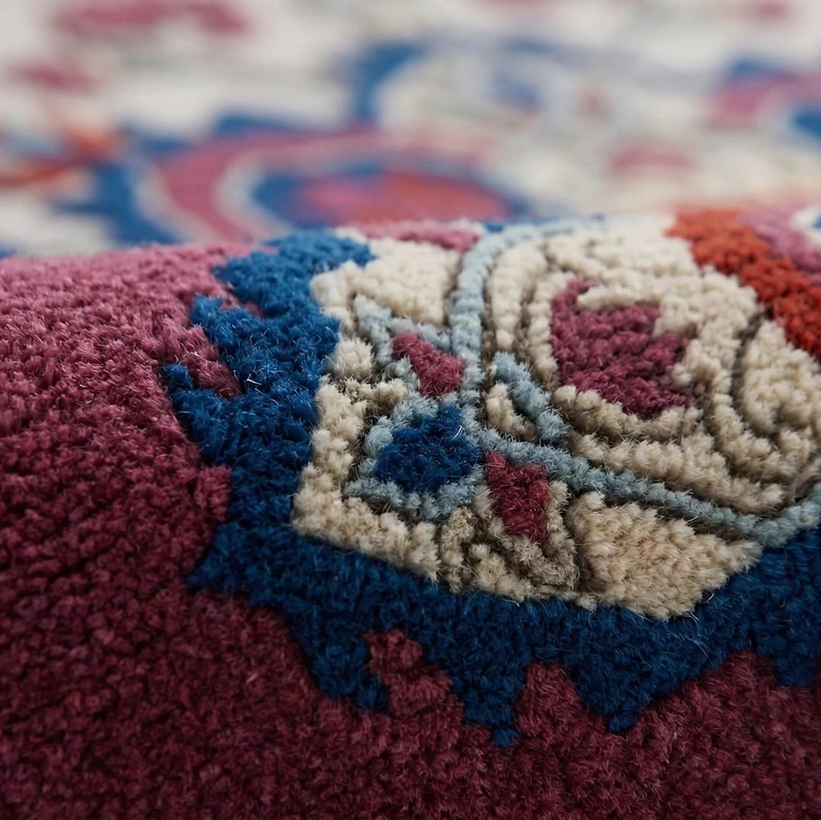 Close-up of a patterned rug with intricate designs in red, blue, and beige.