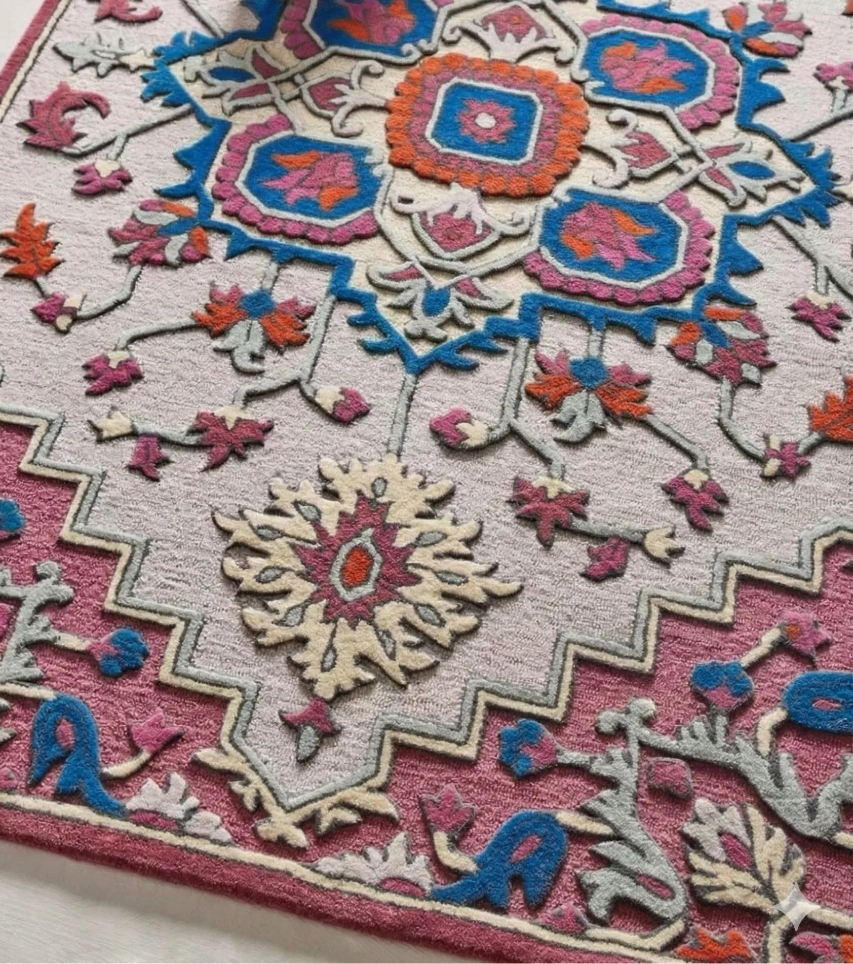 Decorative rug with intricate patterns and a cat walking on it