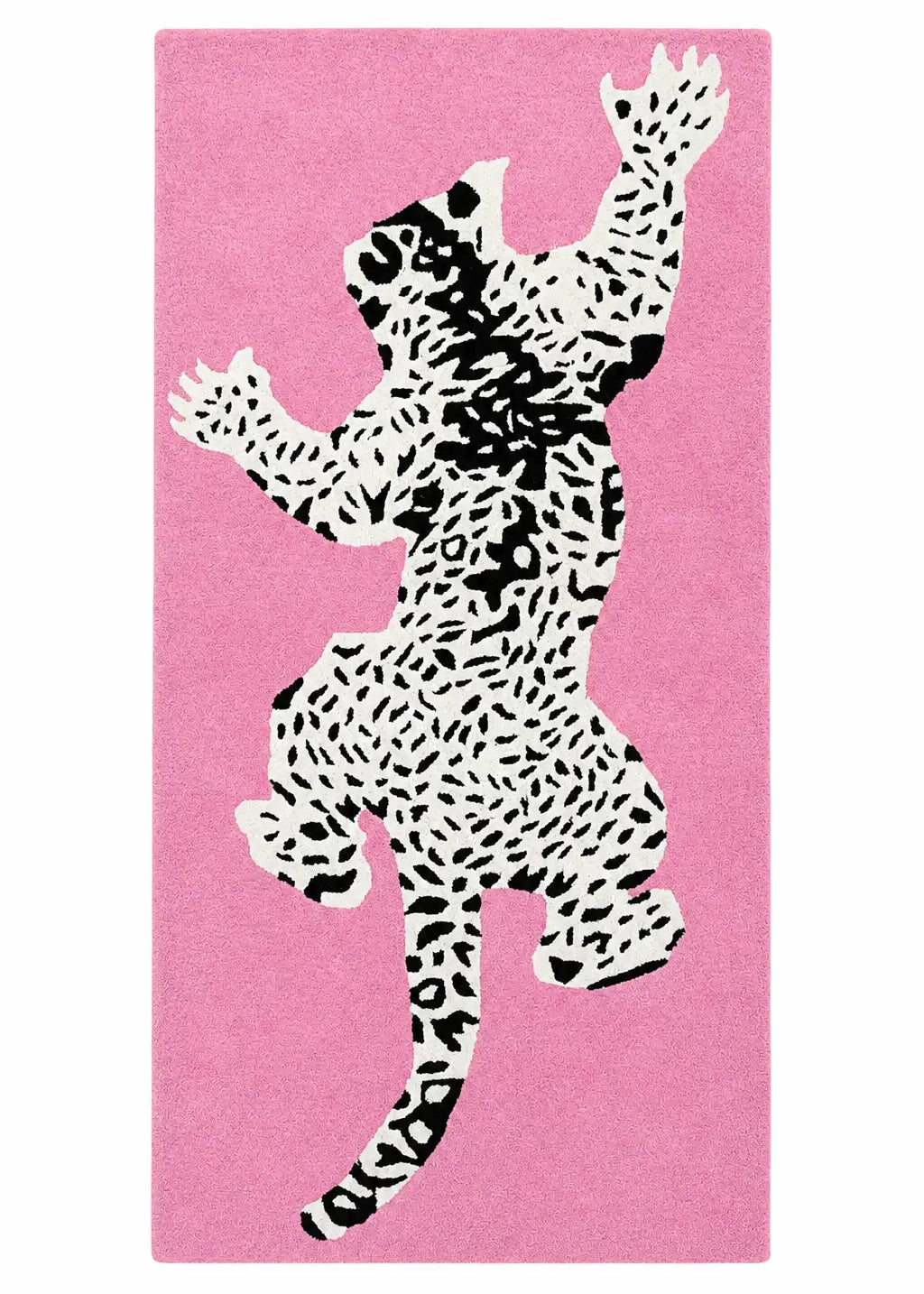 A rectangular pink rug featuring a stylized black-and-white spotted animal silhouette in the center, shown against a plain white background.