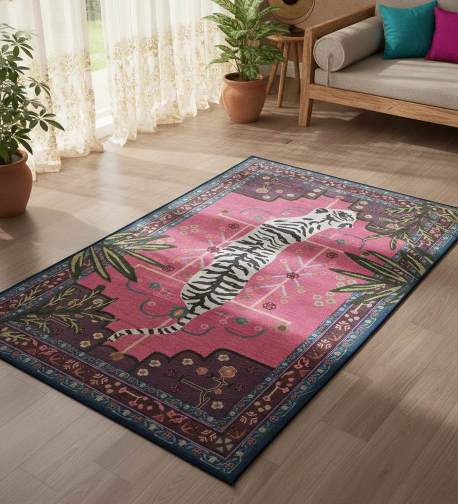 Decorative rug with a tiger design on a wooden floor in a living room.