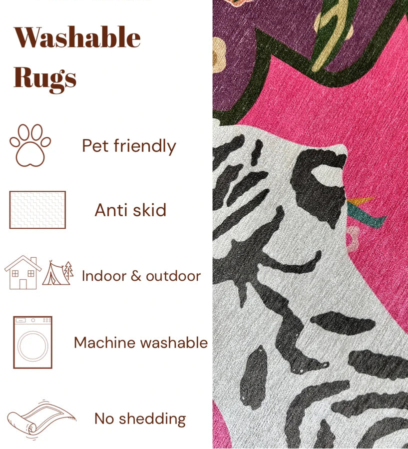 Washable rug with tiger design and Presto Bazaar branding, featuring pet-friendly, anti-skid, indoor/outdoor, machine-washable, and no-shedding features.